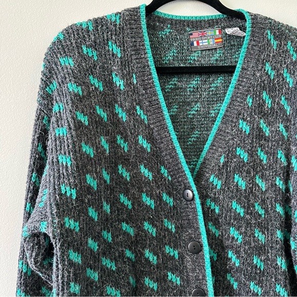 Vintage Cozy Gray and Teal Patterned Unisex Cardigan Sweater - Picture 2 of 8